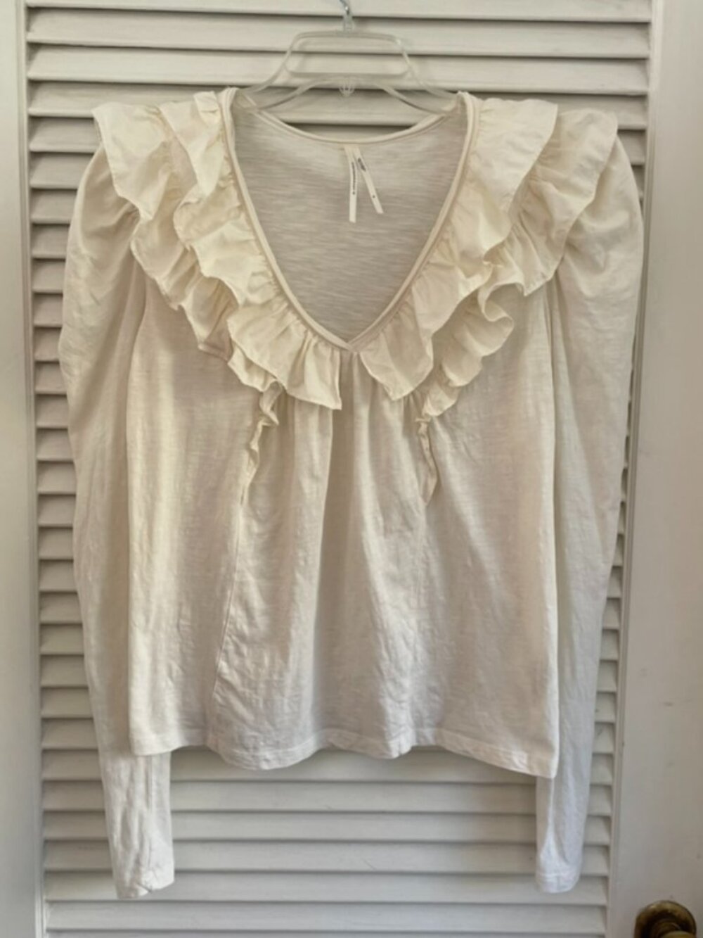 Anthropologie Off White Puff Sleeve V Neck Ruffle Top Long Sleeve Shirt M EUC